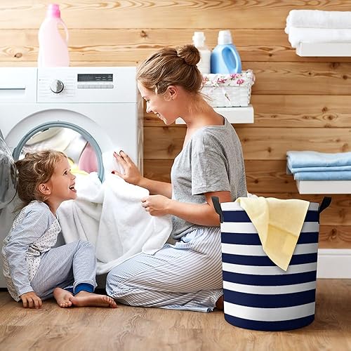 Miniatura 7 de Cesta grande para ropa sucia, diseño de rayas clásicas, color azul marino y blanco, plegable, para baño, dormitorio universitario, almacenamiento