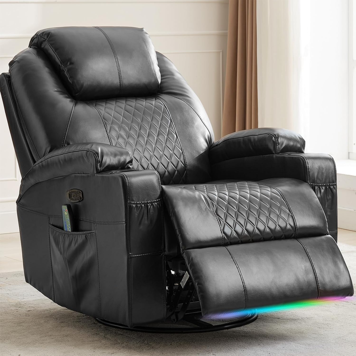 Power Swivel Rocker Recliner Chair for Adults with Heat and Massage, LED Lights, USB-A and USB-C Ports, Electric Glider Recliner Nursery Chair for Living Room (Black, Single)