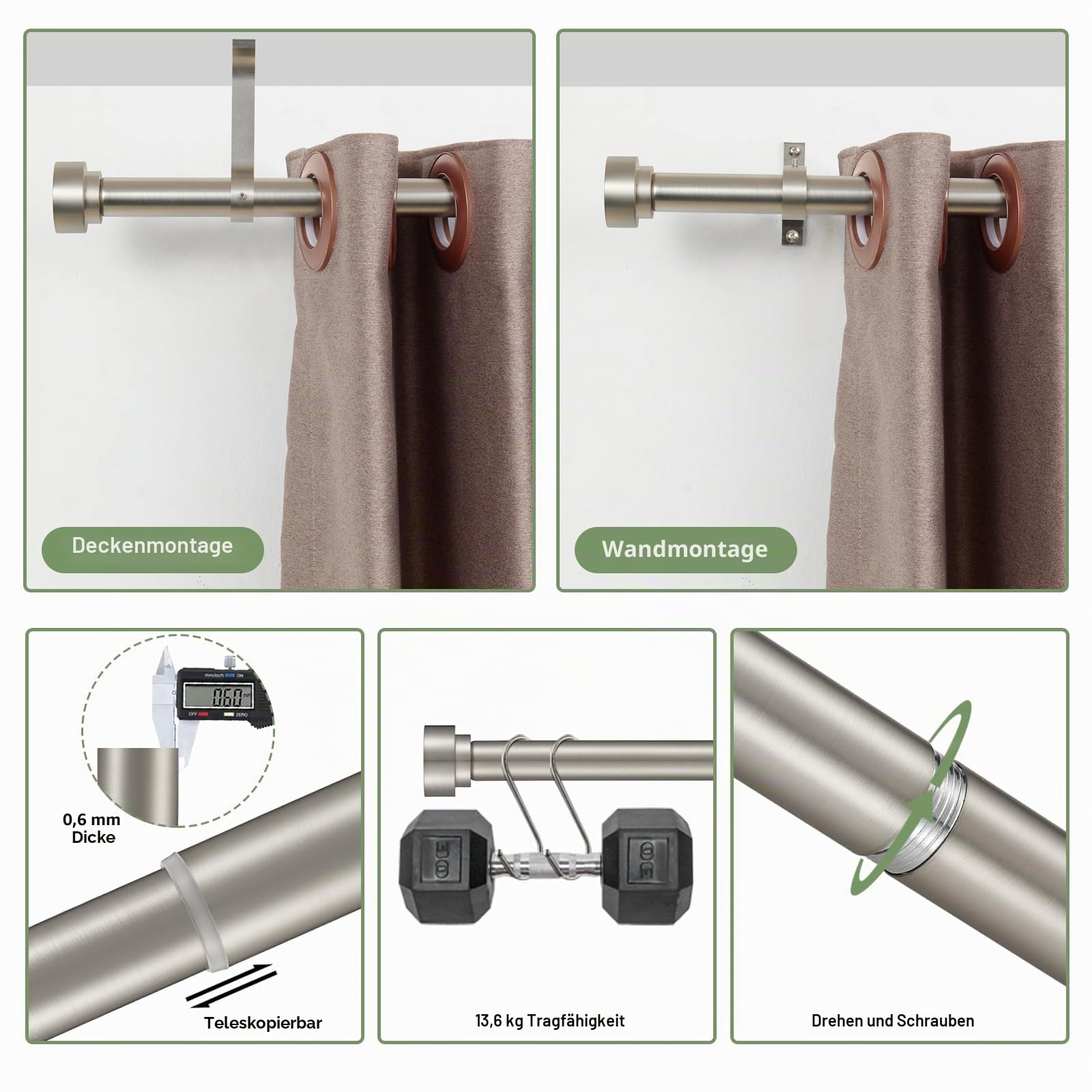 Gardinenstangen, 40,6–218,4 cm, Durchmesser 2,5 cm, Spleiß- und Teleskopstruktur, Fensterbehandlungsstangen-Set, verstellbare Gardinenstangen, robuste Stange, Matte Nickel