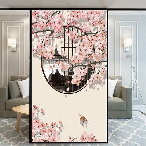 Película decorativa de privacidad esmerilada sin pegamento para ventana, diseño de flores de cerezo de luna, calcomanías de ventana para puerta de
