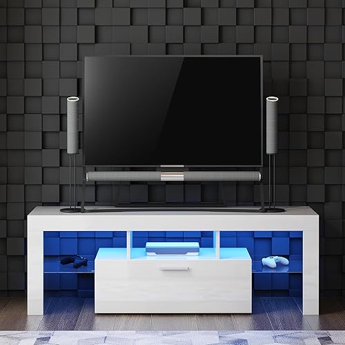 SOLBAKUILT Soporte de TV blanco brillante para TV de 505560657075+ pulgadas, centro de entretenimiento LED, consola de TV moderna con cajones de