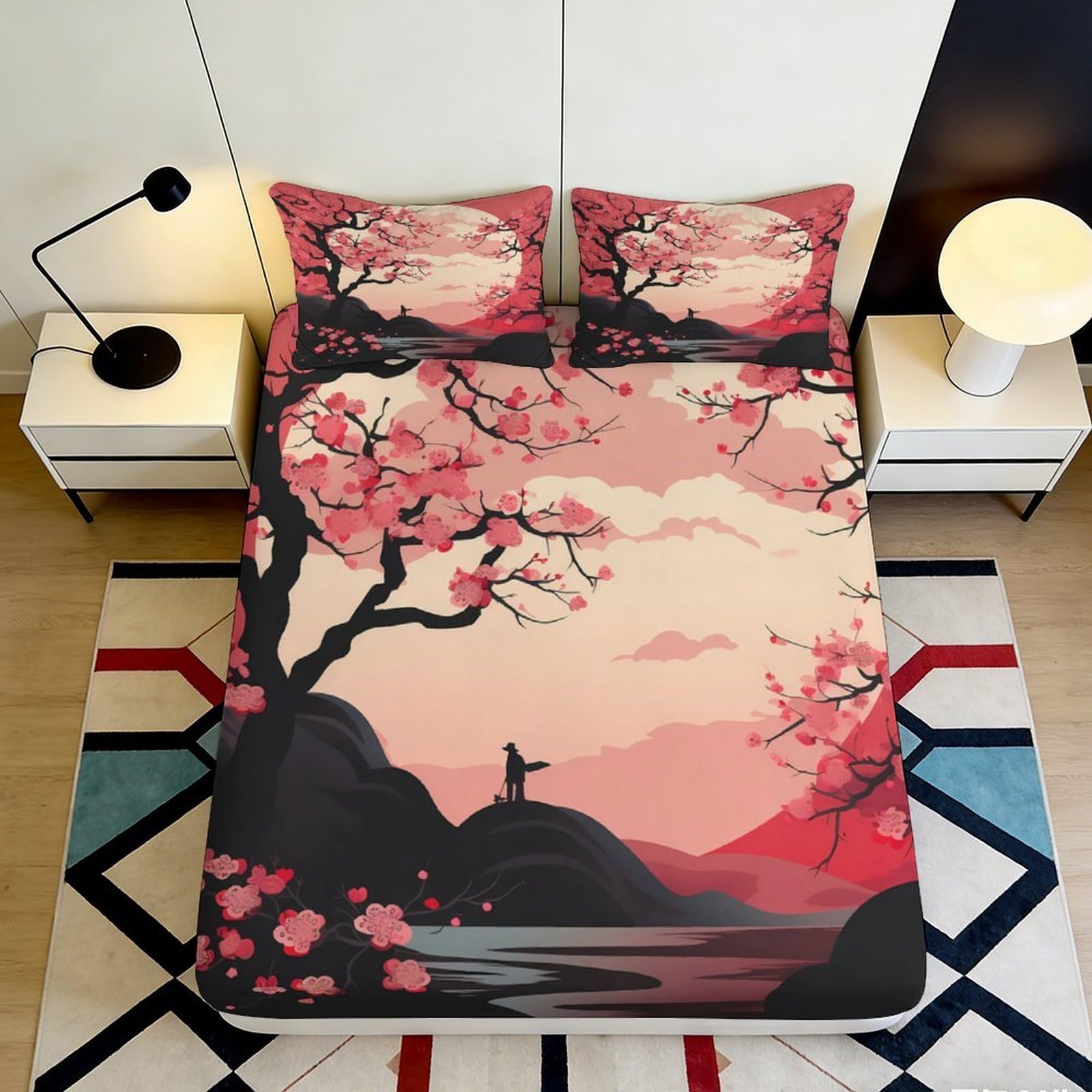 3D Printed Sakura Sunset Fitted Sheet Microfiber Soft Breathable Landscape Bed Cover for Bedroom Guest Room Decor 90x200x25cm