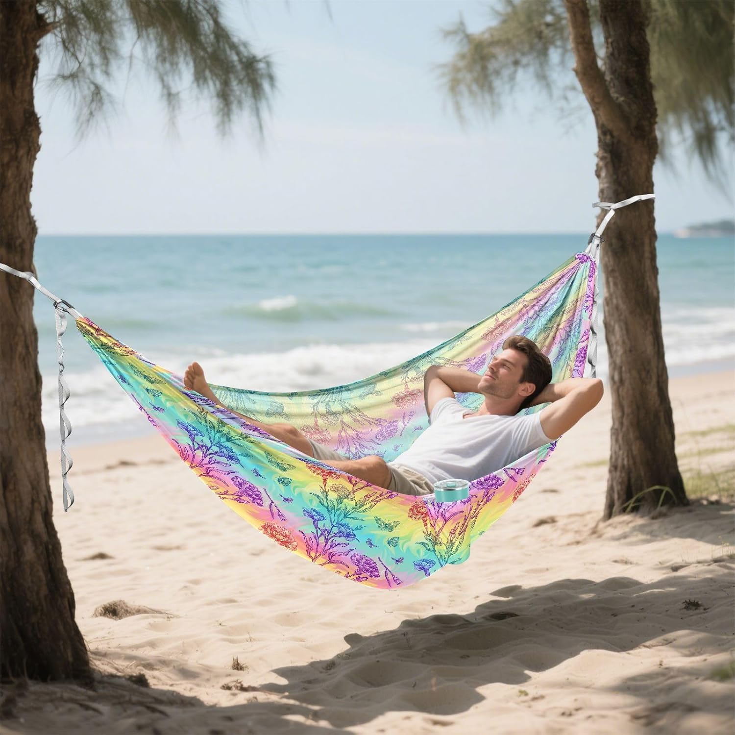 ALAZA Rainbow Carnation Flower Butterfly Camping Hammocks Single or 2 Person 500 lbs Portable Parachute Travel Hammock w/Tree Straps for Hiking Backpacking Indoor Outdoor