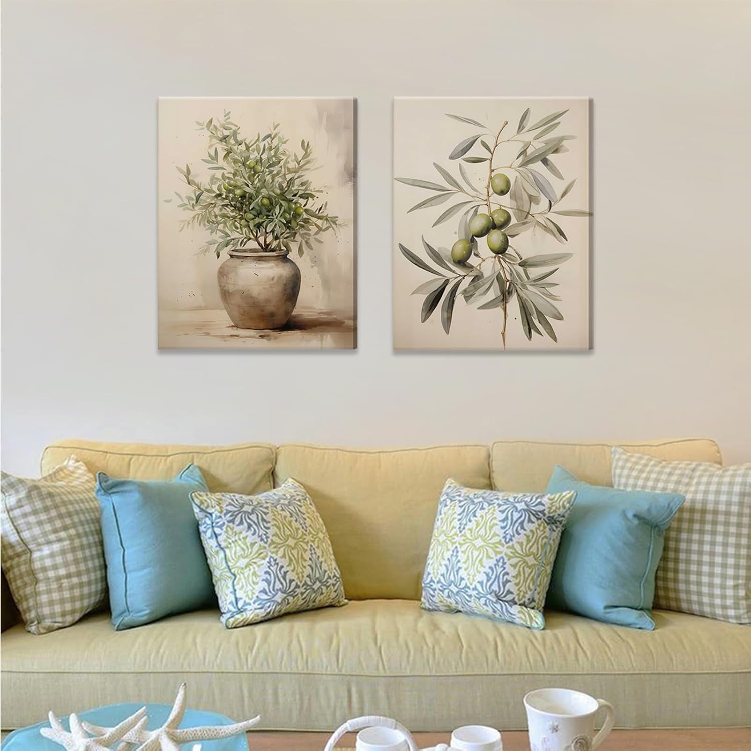Qenundme 2pcs Olive Canvas Wall Art Green Rustic Olive Branch Wall Decor Pictures Antique Still Life Plant Posters Paintings Botanical Artwork for Bathroom Bedroom Kitchen Home Decoration 12x16in