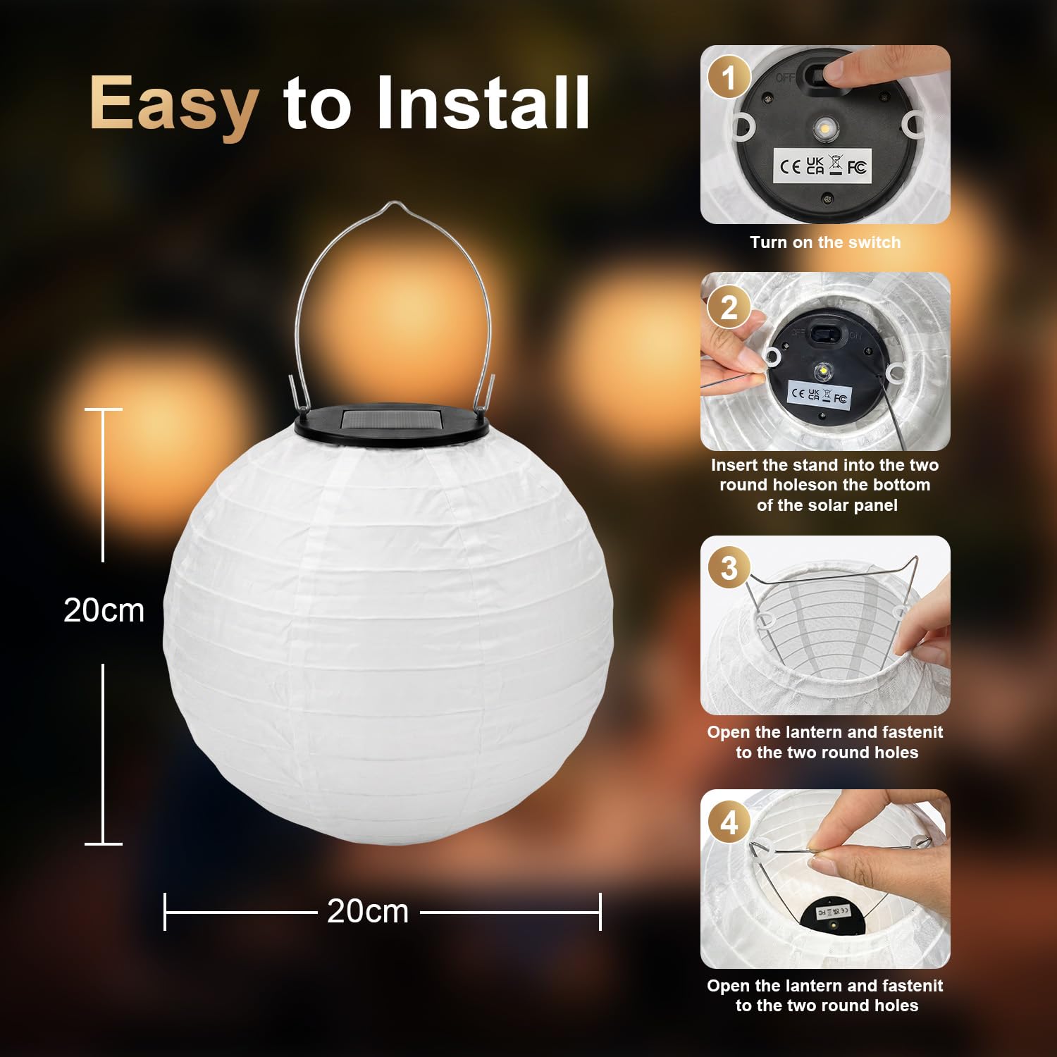 Macchiatto Lampiony solarne LED, do użytku na zewnątrz, odporne na warunki atmosferyczne, 4 sztuki, 20 cm, wodoszczelna, ciepła biel, wisząca latarnia ogrodowa, oświetlenie ogrodu, na taras, wesele