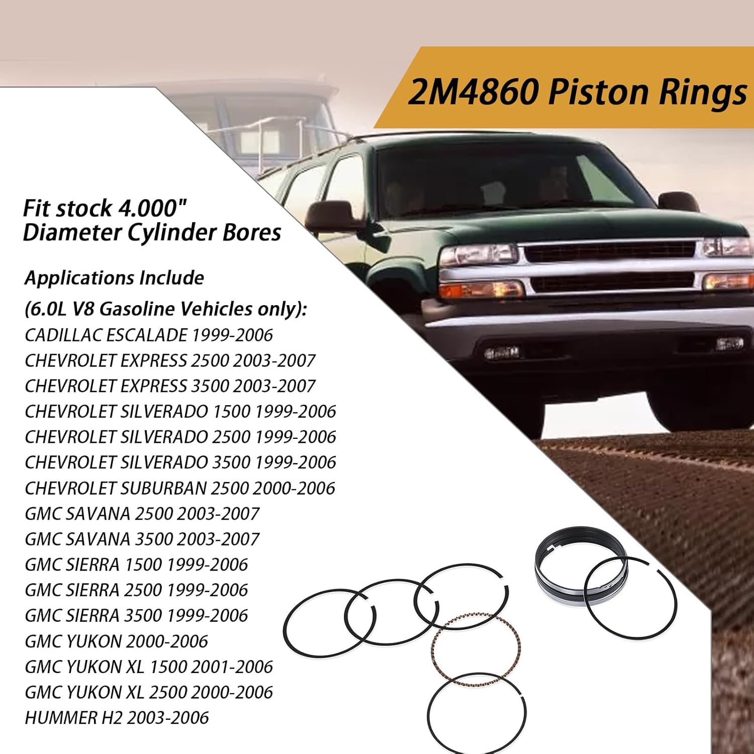 2M4860 Piston Rings(8-Cyl Ring kits) Compatible With 1999-2006 Chevrolet Gen III 364 6.0L LQ4 LQ9(Replace2M4860) Piston Rings - 4.000 in Bore -1.5 x 1.5 x 3.0 mm Thick - Standard Tension