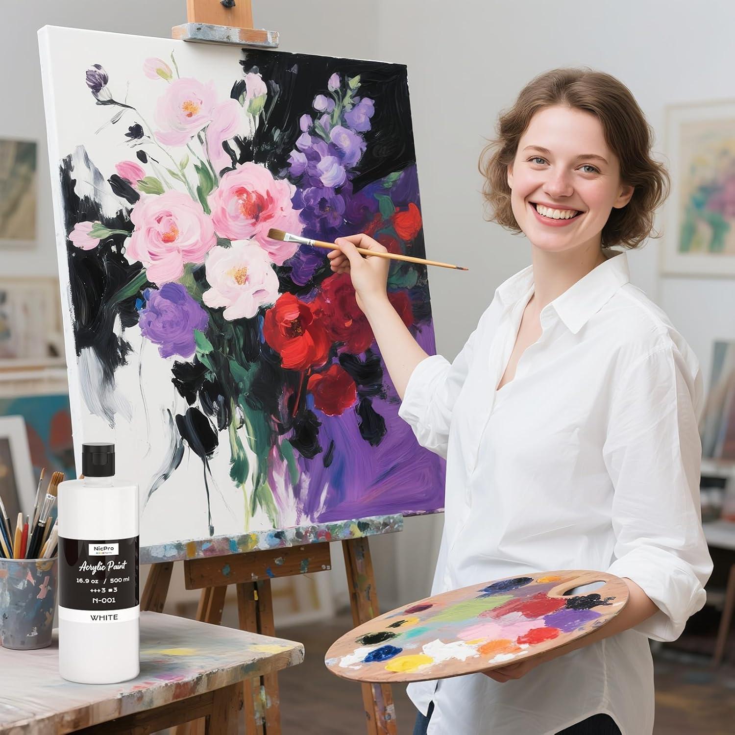 Nicpro 3 Pack White Large Acrylic Paint (16.9 oz, 500 ml), Rich Pigments, Non Toxic Craft Paint for Multi Surface, Canvas, Wood, Leather, Ceramic, Fabric, Stone - Art Painting Supplies for Beginners, Artists & Adults