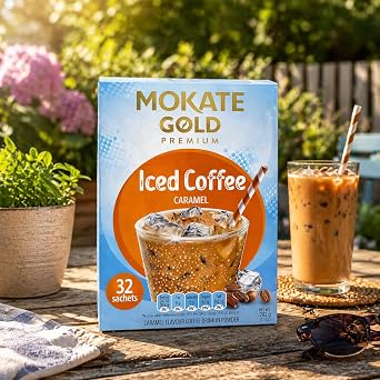 Mokate Gold Caramel Iced Coffee Sachets - 4 Pack (32 Sachets Total) – Instant Caramel Flavour Iced Coffee Drink – Just Add Cold Milk & Ice – Smooth, Refreshing Summer Coffee Beverage