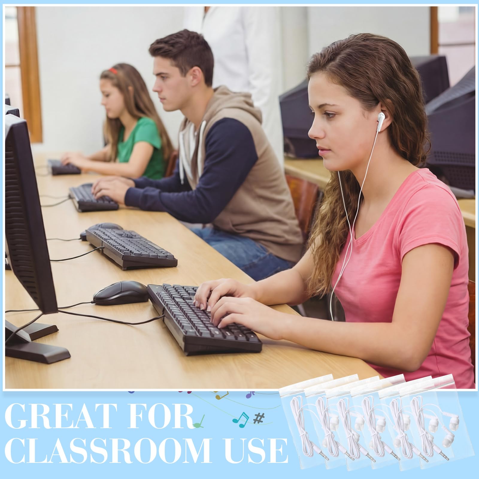 Kanayu Confezione da 500 auricolari cablati per aule, auricolari di base per studenti, senza microfono, con jack da 3,5 mm, per laptop, scuola, biblioteca, confezionati singolarmente (bianco)