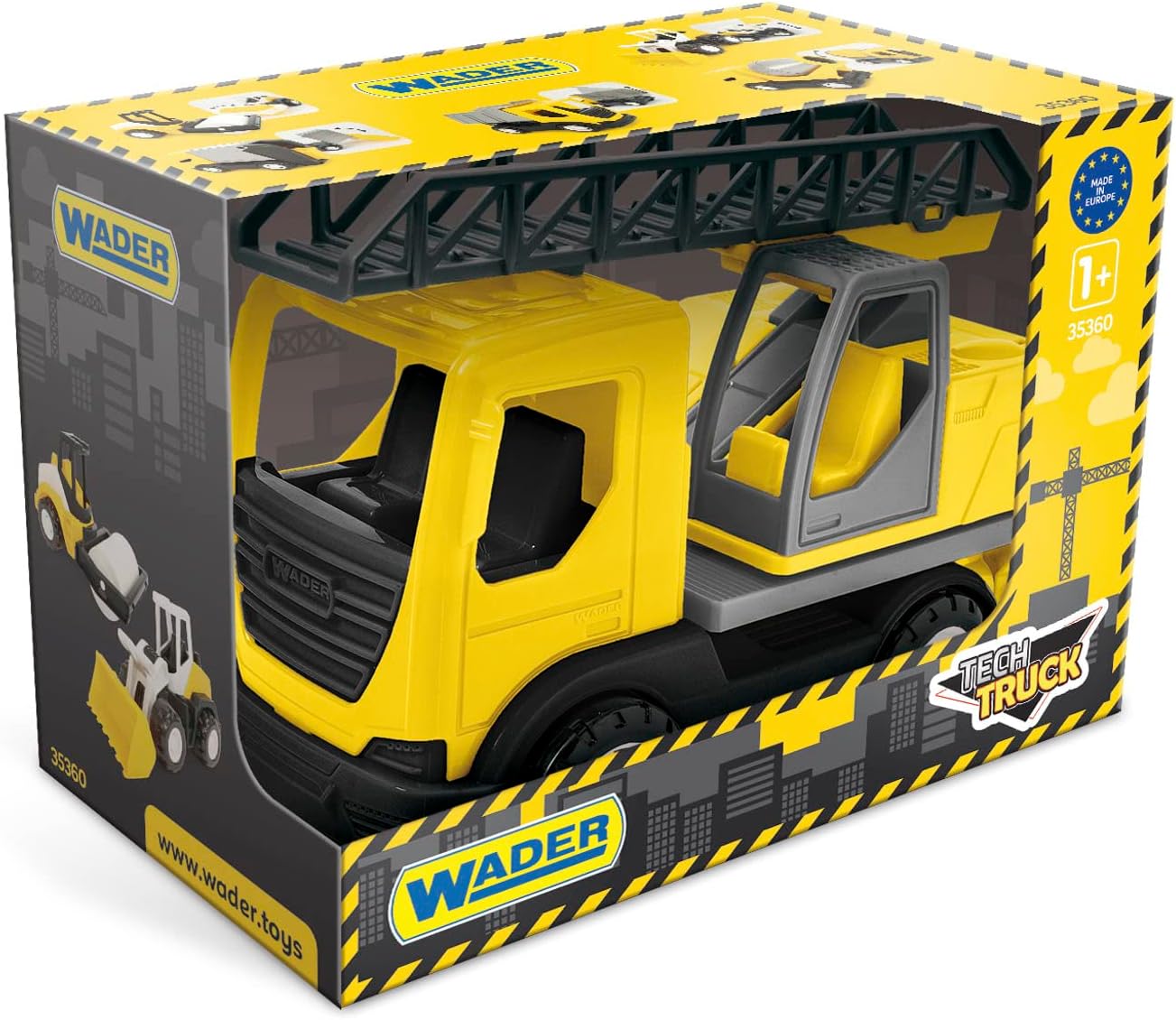 Wader 35369 Tech Truck 35369-Tech Fire Brigade with Ladder, Rotating Attachment, feet and Sturdy Steel axles, Approx. 31 x 14.5 x 19 cm, Yellow, from 12 Months, Ideal as a Gift for Creative Play