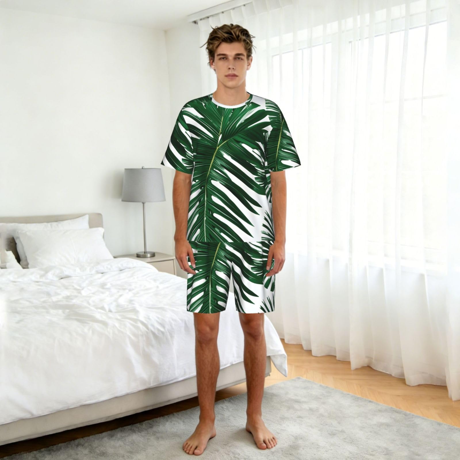 Conjunto de pijama clásico con estampado de hojas de palma verde para hombre, pantalones cortos de pijama suaves para hombre, perfecto para las noches de verano