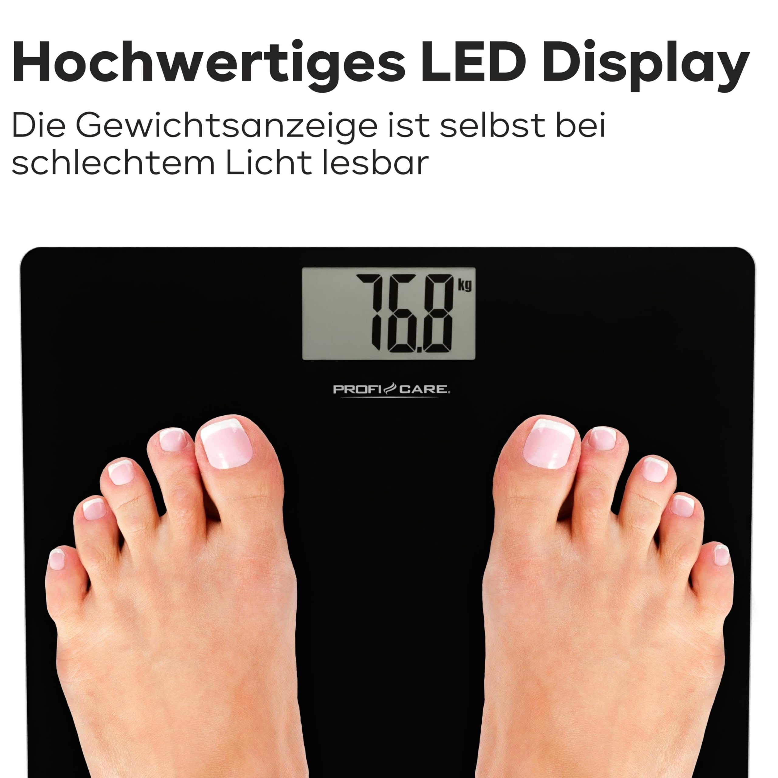 ProfiCare®Osobowy waga z powierzchnią szklaną | zakres 5-180 kg, duży wyświetlaciel LCD | step-on automatyczny