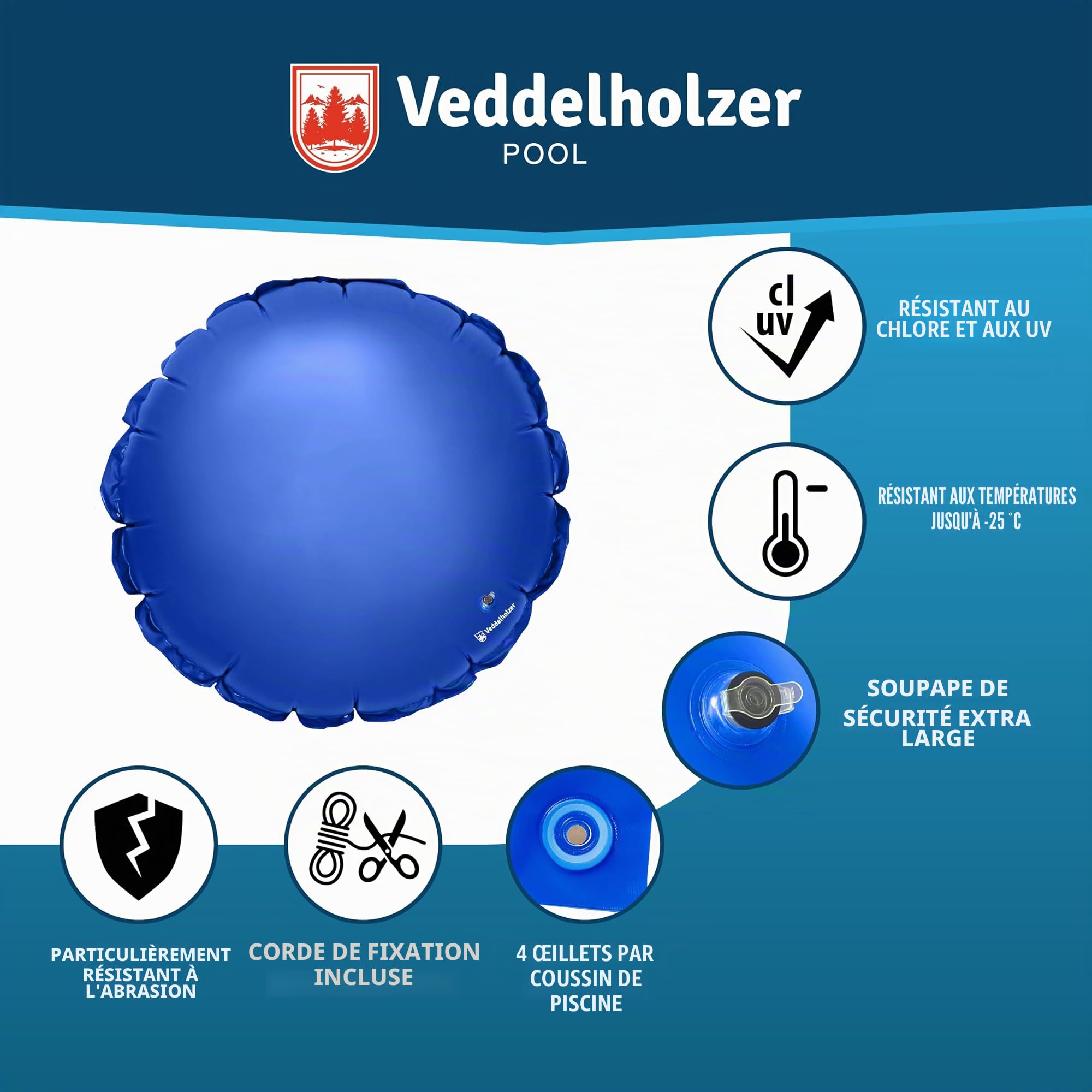 Veddelholzer XXL Ø2 m Coussin de piscine rond Set Incl. 6 m de corde de fixation & kit de réparation Coussin gonflable pour couverture de piscine. Accessoire de piscine parfait pour la toiture et la