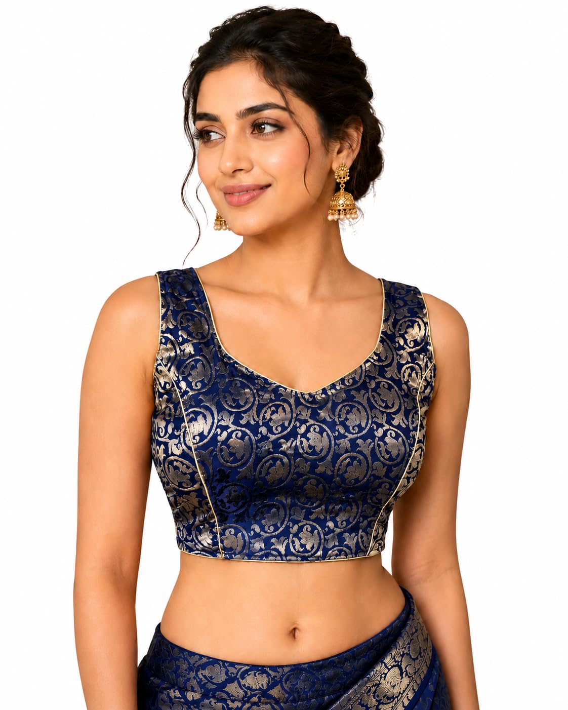 Women's Designer Brocade Blouse | Elegant Gold Zari Brocade Work Saree Blouse | Trendy Readymade Sleeveless Blouse for Women | Wedding, Bridal, Festive-picture-21