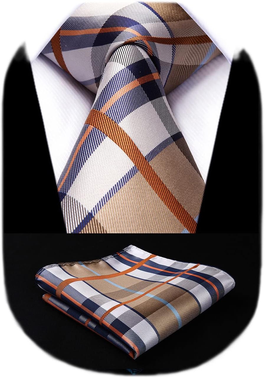 HISDERN Ties for Men Silk Extra Long Tie and Pocket Square Classic Plaid Checkered 63 inches Men's Neckties Business