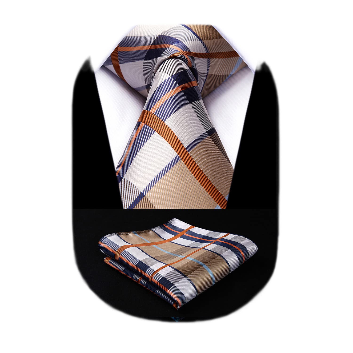 HISDERN Ties for Men Silk Extra Long Tie and Pocket Square Classic Plaid Checkered 63 inches Men's Neckties Business