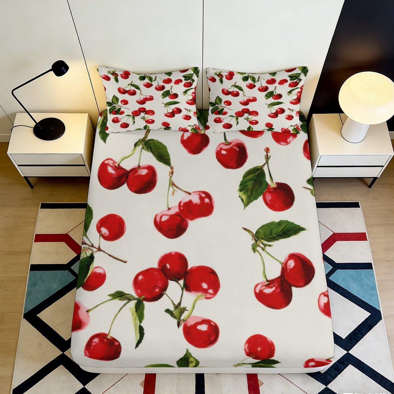 3D Printed Cherry Fruit Fitted Sheet Microfiber Soft Breathable Red Leaf Bed Sheet for Bedroom Dorm Decor Protection 90x200x25cm
