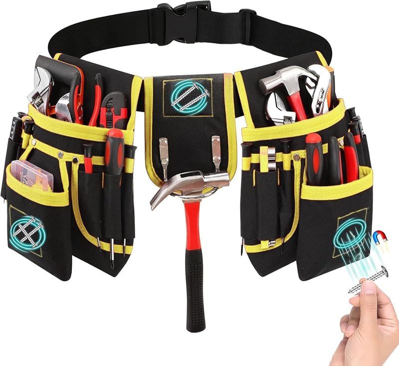 Tool Belt with 27 Pockets and 3 Magnetic Zones, Freely-Combinable Toolbelt | Heavy-Duty yet Lightweight Tool Pouch & Tool Belts for Men: Electricians, Carpenters. Great Gift for Dad & Husband (Yellow)