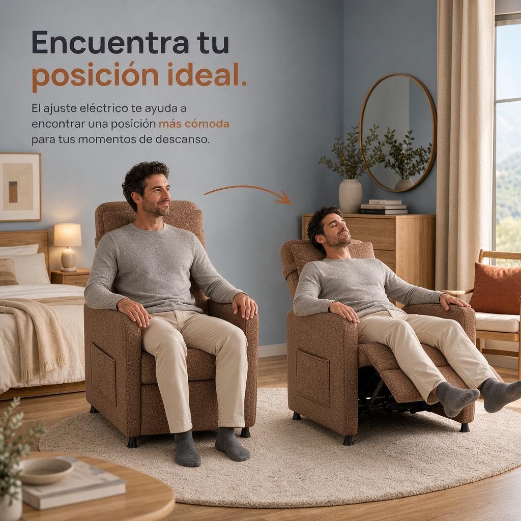GarveeLife Sillón Relax eléctrico Masaje Calor Lino, 83x76x102 cm, Marrón | 4 puntos de masaje, calor lumbar, reclinación eléctrica 150°, mando con memoria, tejido lino y estructura de hierro en casa.