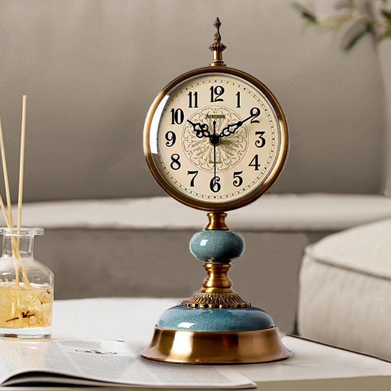 Vintage Tischuhr, Vintage Messing Standuhr, Antike Metall Schreibtischuhr batteriebetrieben, Antike Stille Uhr, Tischuhr aus Messing für Wohnzimmer, Regal, Kamin, Büro