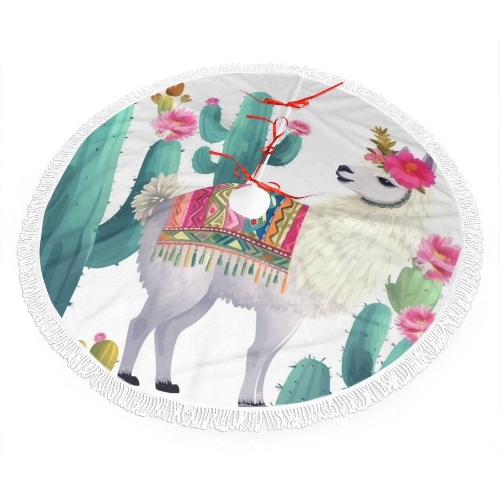 Tropical Llama Alpaca Cactus Flower Christmas Tree Skirt 36", Soft Plush Xmas Tree Carpet with Tassel Christmas Ornaments Winter Holiday Tree Mat Decoration for Home Party Supplies