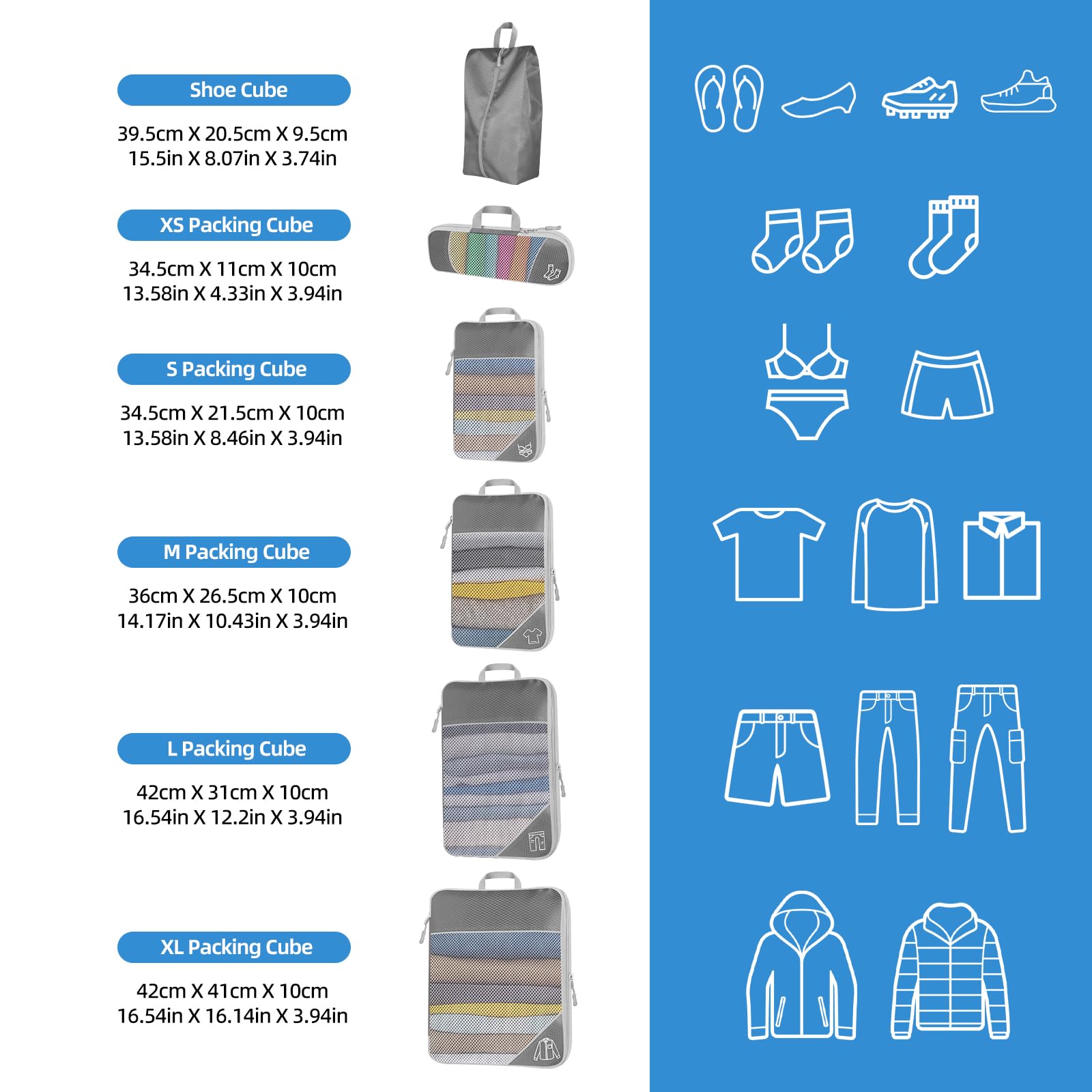 Cubi da viaggio, impermeabili, organizer per valigie, set da 6 pezzi, espandibili, per oggetti essenziali da viaggio e per la casa (confezione da 6)