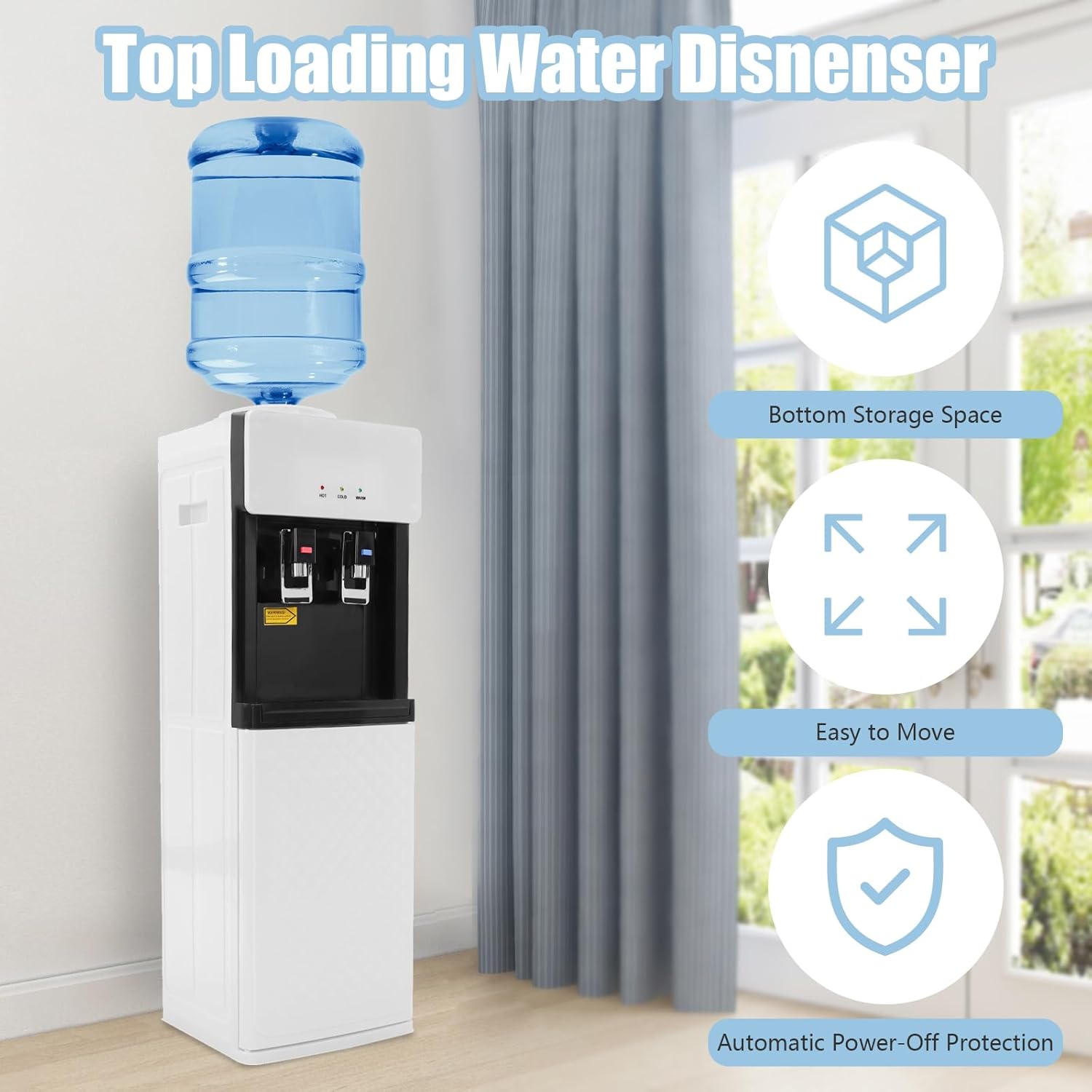 Top Loading Water Cooler Dispenser, Water Dispenser for 3 or 5 Gallon Bottles, Child Safety Lock, Standing Hot& Cold Water Dispenser for Home, Office, Living Room