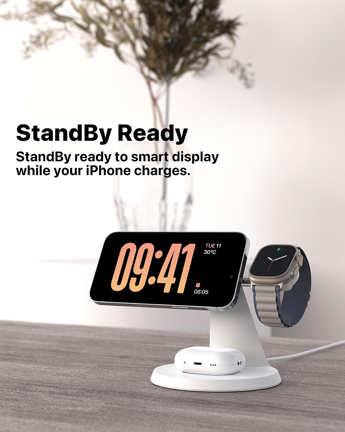 ZECHIN Station de charge sans fil 3 en 1 pour appareils Apple avec MagSafe | Chargement pour iPhone 17/Air/16/15/14/13, AirPods, Apple Watch, support de charge stable lesté, adaptateur USB-C inclus
