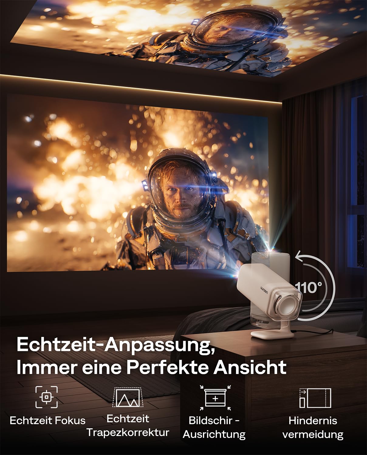 Aurzen Boom Air Mini Beamer mit Google TV & Netflix, 4K, USB-C, Dolby Audio, WiFi, Bluetooth, TOF Autofokus, Drehbarer Ständer, Cremeweiß