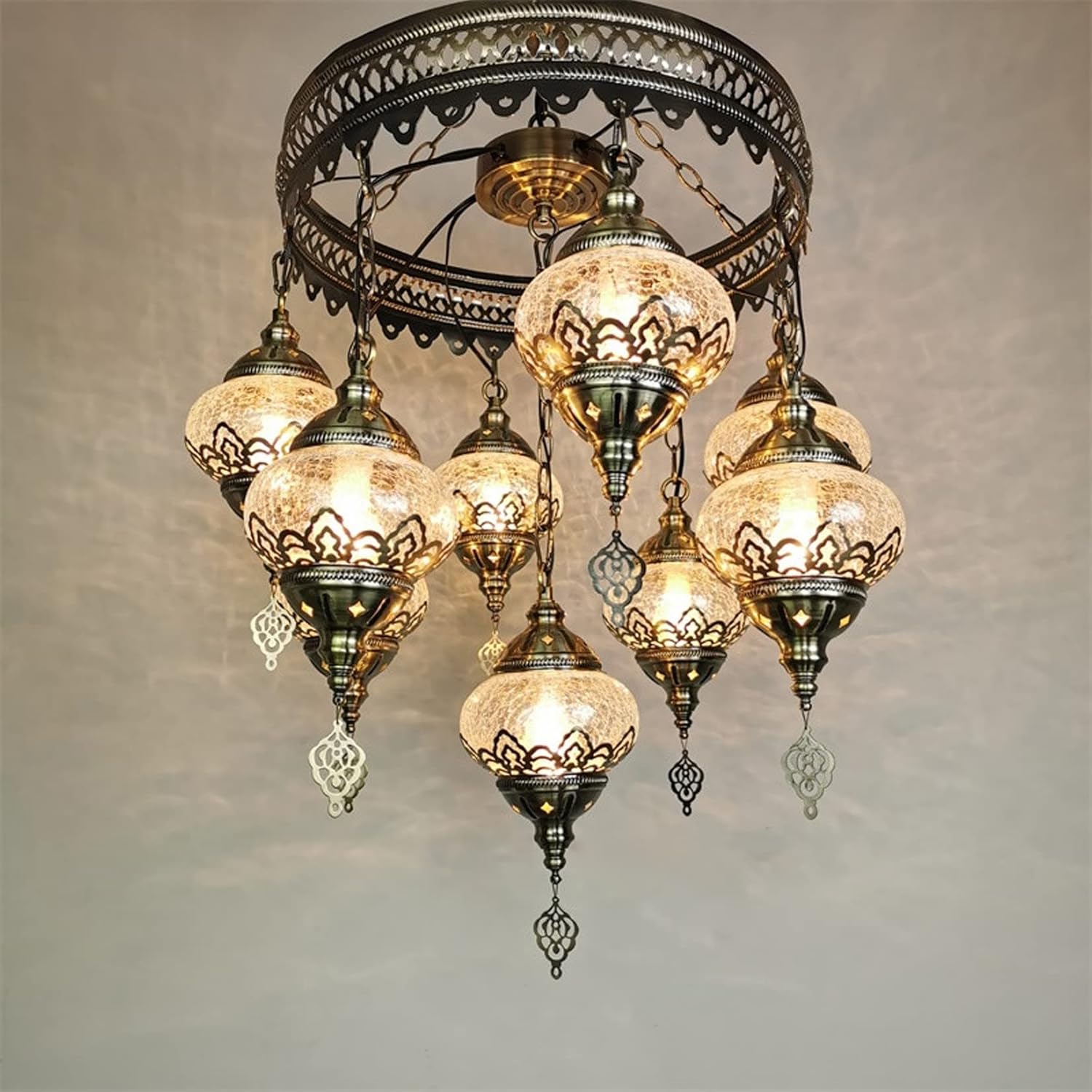 Turkish Moroccan Mosaic Boho Hardwired Chandelier Light Ceiling Hanging Lamp Pendant Fixture Lighting, 9 Big Globes for Bedroom Kitchen Dining Room Bar Living Room Decorative Lighting