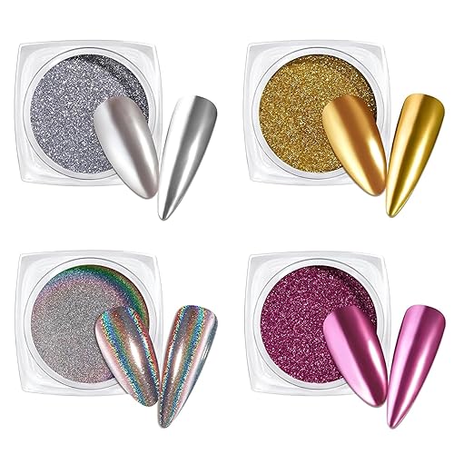 Beetles - Brillantina cromada para uñas, 4 colores, 0.02 onzas por tarro, 4 tarros, 3 colores, dorado, plateado, rosa, efecto espejo metálico,