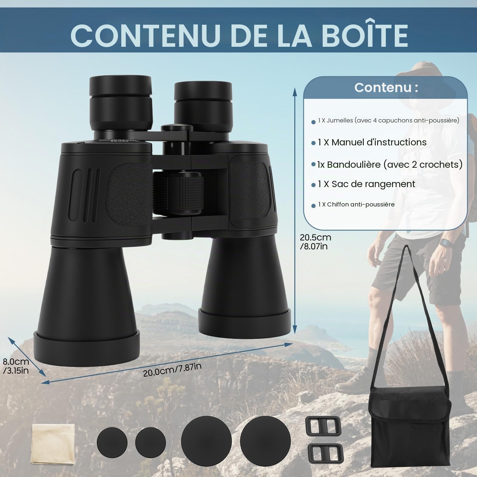 Jumelles 20 x 50 haute puissance HD prisme porro professionnel jumelles civiles étanches compactes avec faible vision de lumière, pour voyage, camping, observation des oiseaux, cratères lunaires