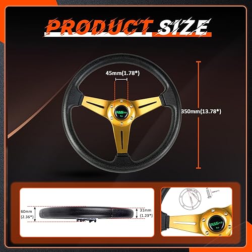 Vista 26 de Rastp Volante de carreras universal de 13.8 pulgadas, 6 pernos, agarre de material de espuma de poliuretano y aluminio con botón de claxon para Rojo