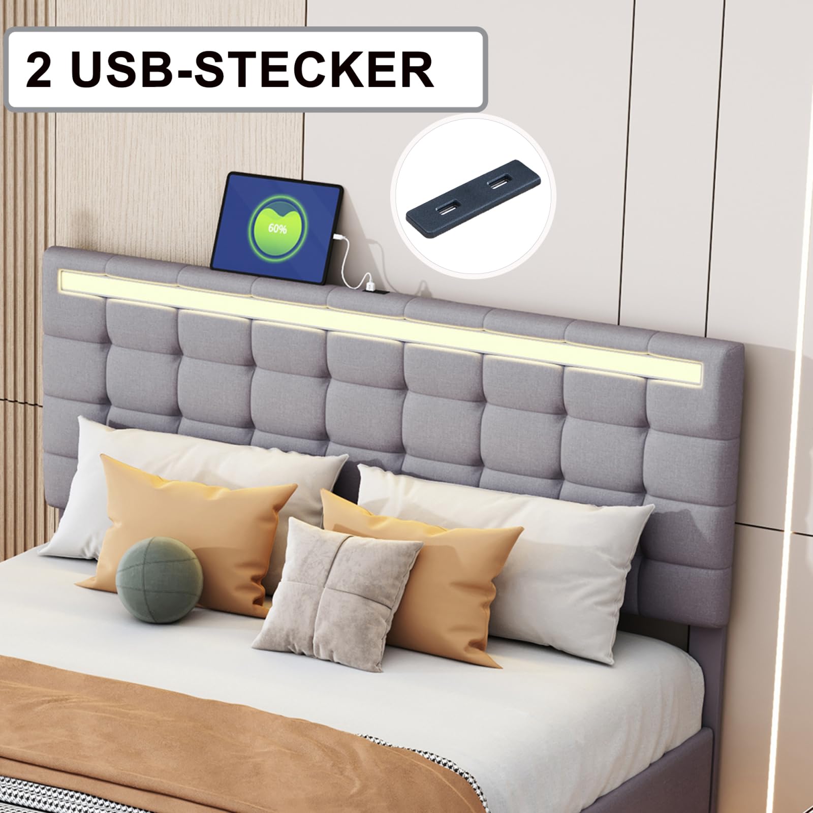 BRILVERDE Letto Imbottito 140 x 200 cm con Illuminazione LED e Ricarica USB, Letto Matrimoniale con 2 Cassetti e Testiera, Senza Materasso, Colore Grigio (140 x 200 cm