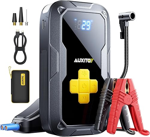 AUXITO Arrancador portátil con compresor de aire, inflador de neumáticos de 6000 A y puente de batería, inflado rápido de 150 PSI, para todos los