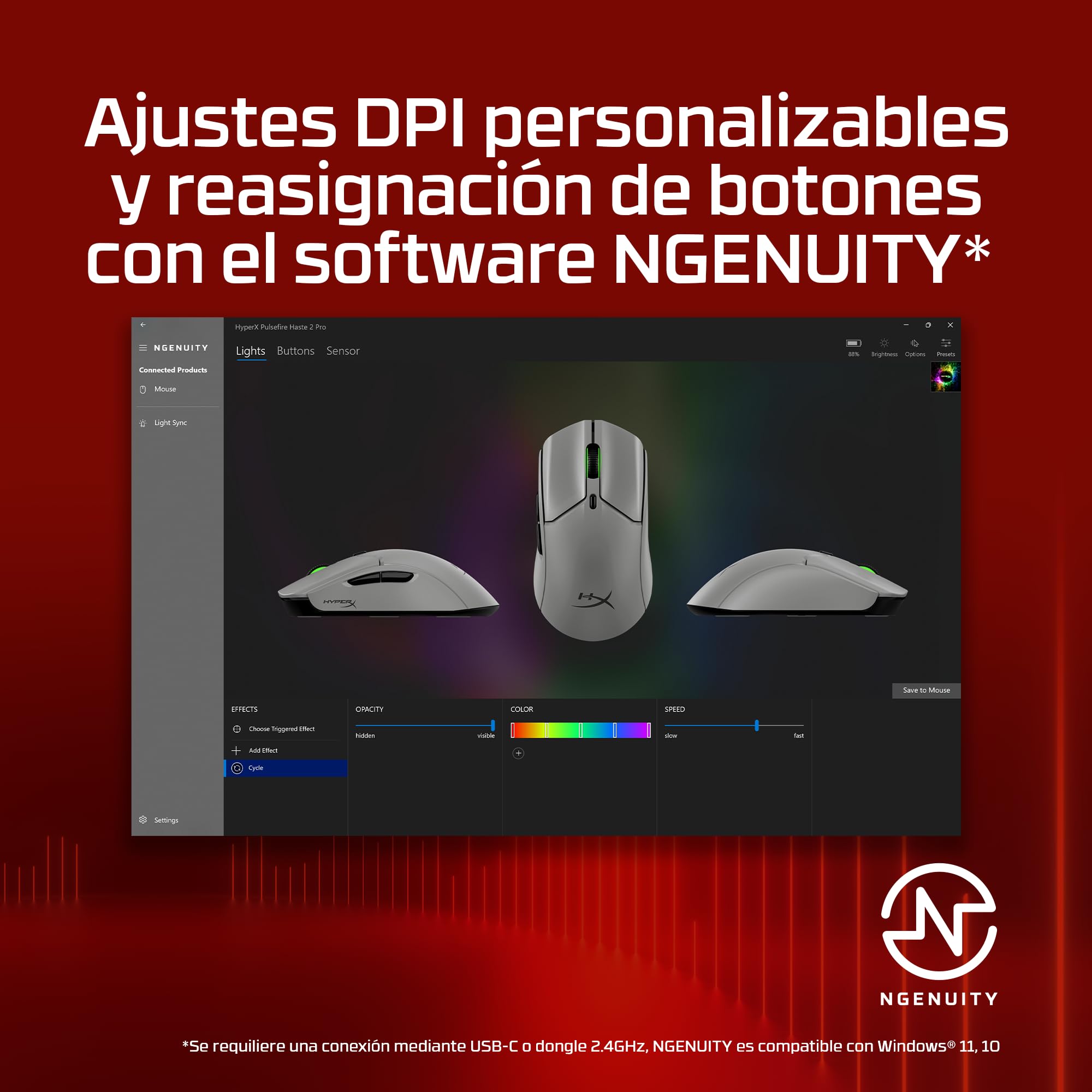 HyperX Pulsefire Haste 2 Pro - Ratón Gaming inalámbrico, RGB, Ultra-Ligero 61g, 4K, batería 90h, 6 Botones ópticos, OMEN Instant Pair, Color Gris