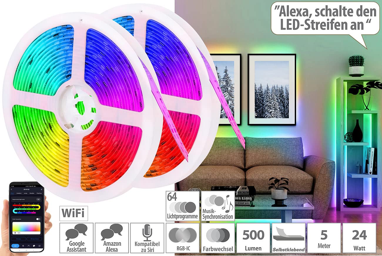 Luminea Home Control RGBIC-LED-Strips Alexa: Set da 2 Striscia LED WLAN-RGBIC, Controllo audio, app, controllo vocale, 5m, 500 lm, controllabile tramite ELESION (striscia Alexa, strisce wifi)