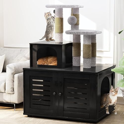 Recaceik Caja de arena para gatos con árbol para gatos muebles de baño ocultos para gatos con divisor casa de madera para gatos con plataforma poste