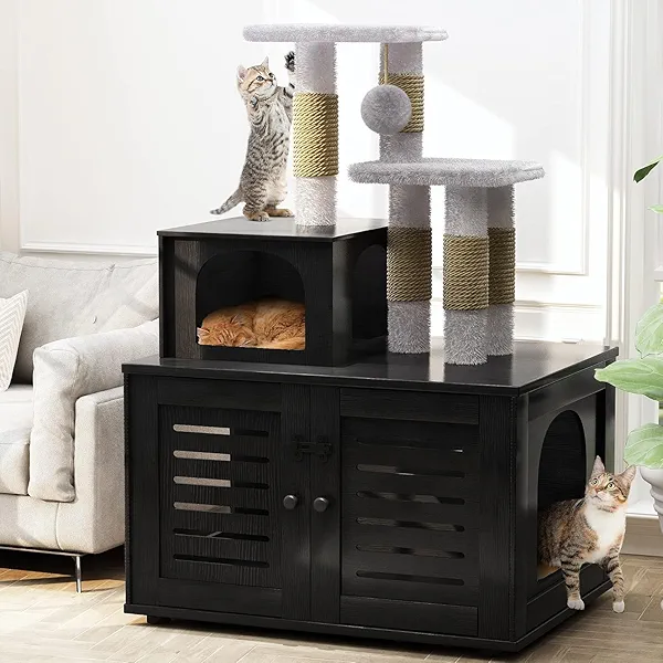 Cat Litter Box Enclosure with Cat Tree Tower 2-in-1 Hidden Pet Washroom Furniture with Scratching Post and Soft Plush Perch Platform Wooden Cat House Divided Condo for Indoor Large Cats Black
