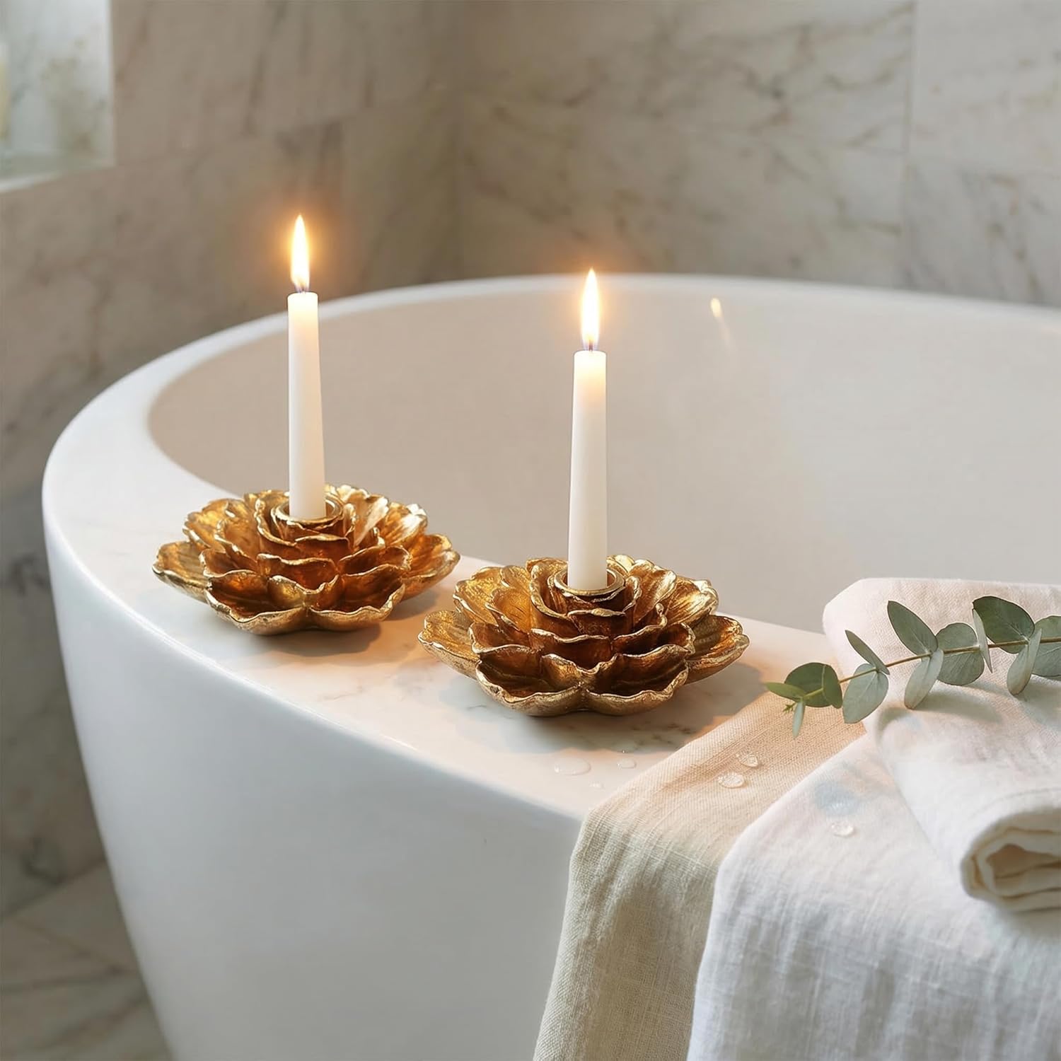 Set of 2 Vintage Gold Candle Holders 3D Peony Design, Resin Candlestick Unique Antique Decorative, Shabby Chic Table Centerpieces for Wedding Mantel Home Decor Housewarming Birthday Gifts