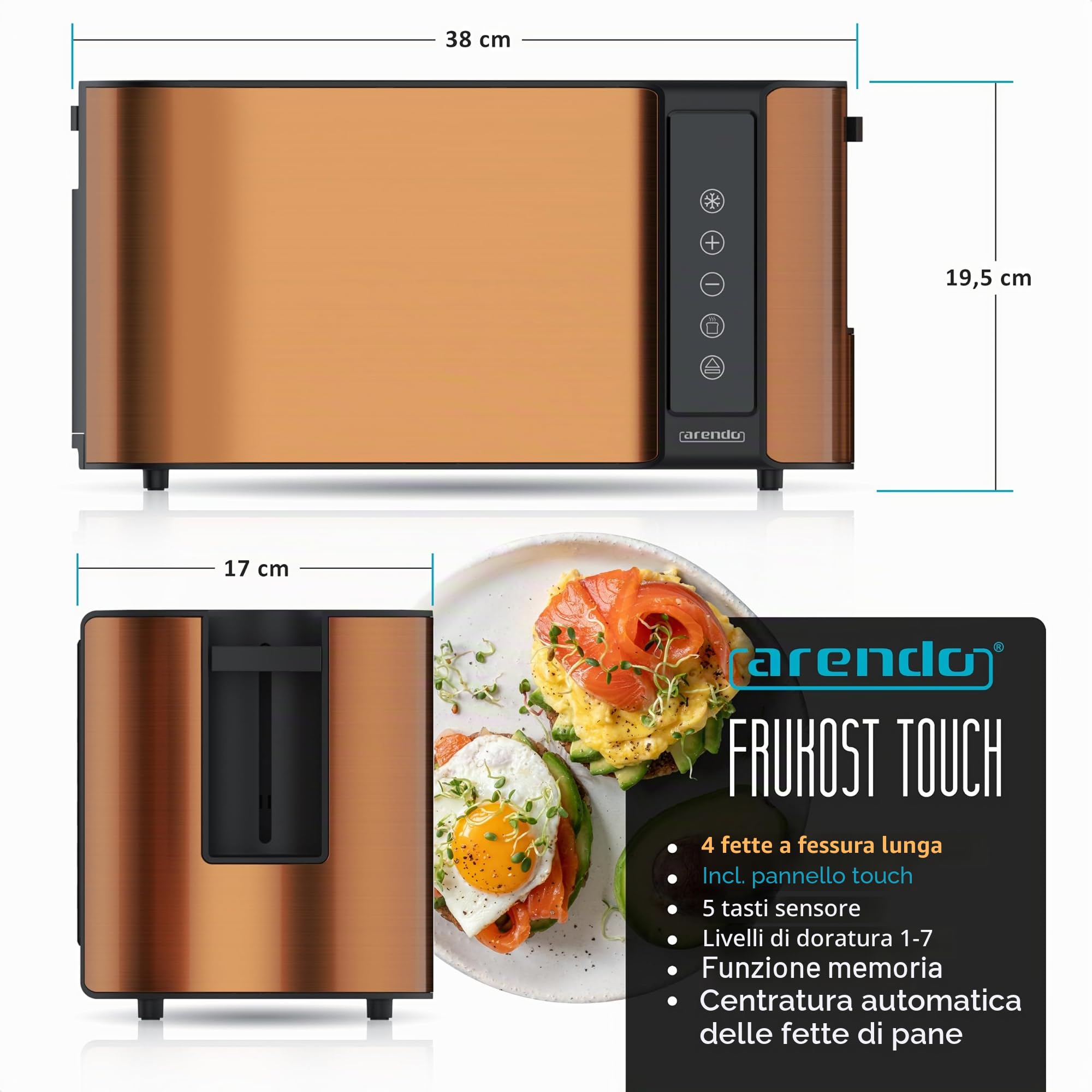 Arendo - Tostapane in acciaio inox a fessura lunga 4 fette touch screen – alloggiamento a doppia parete – Inserto per panino integrato – 7 gradi di doratura – centraggio del pane – visualizzazione del