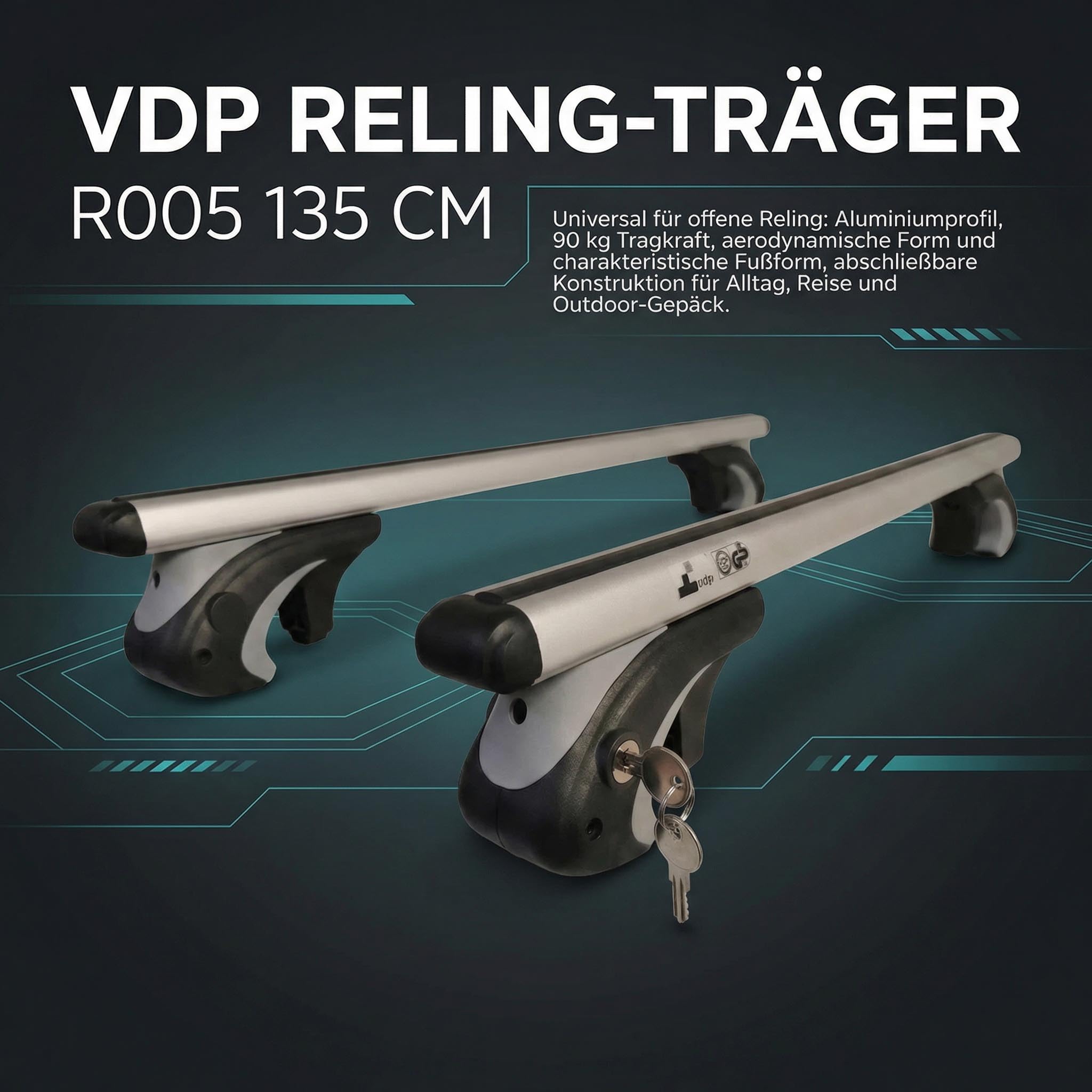 Dachgepäckträger Auto 135cm - Dachträger Universal VDP-R-005 | Auto Dachträger offene Reling | Dachträger für Reling abschließbar | Aluminium Grundträger Dachreling bis 90kg