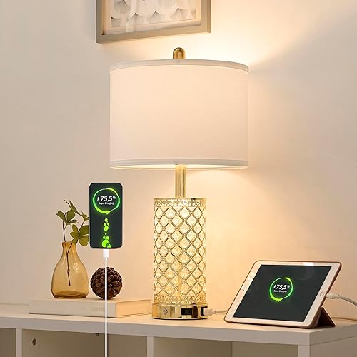 Miniatura 15 de Lámparas de Mesa de Cristal Regulables de 3 Vías Lámpara de Dormitorio con 2 Puertos USB y Enchufes de CA para Sala de Estar Lámpara Retro de Mesita