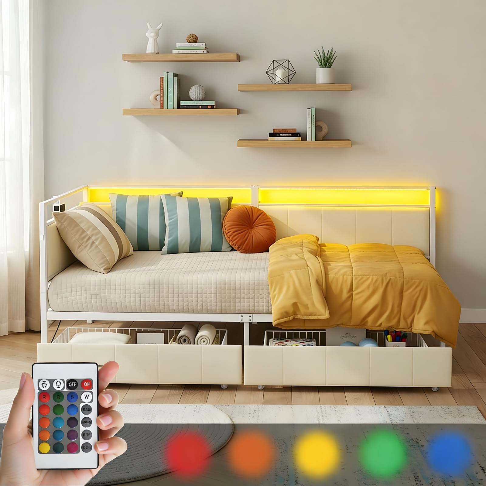 Letto Singolo Angolare con LED RGB, 2 Cassetti, Stazione Ricarica USB/Type C, Struttura Robusta in Metallo, Divano Letto con Doghe 90x200 cm, Salvaspazio per Camera Letto/Ospiti, Beige