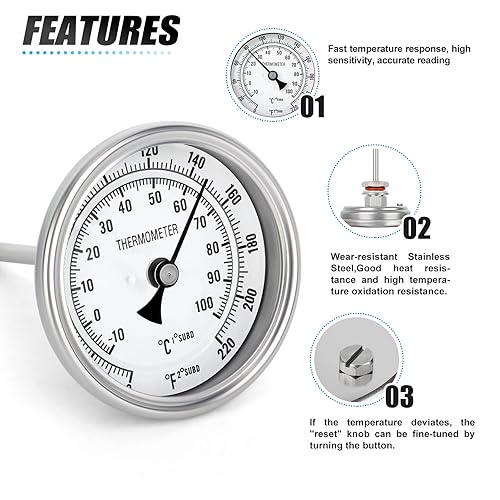 Miniatura 3 de MEANLIN MEASURE Termómetro bimetálico NPT de 12", esfera de 3.3", vástago de acero inoxidable de 3", precisión 2%, montaje trasero central, rango de