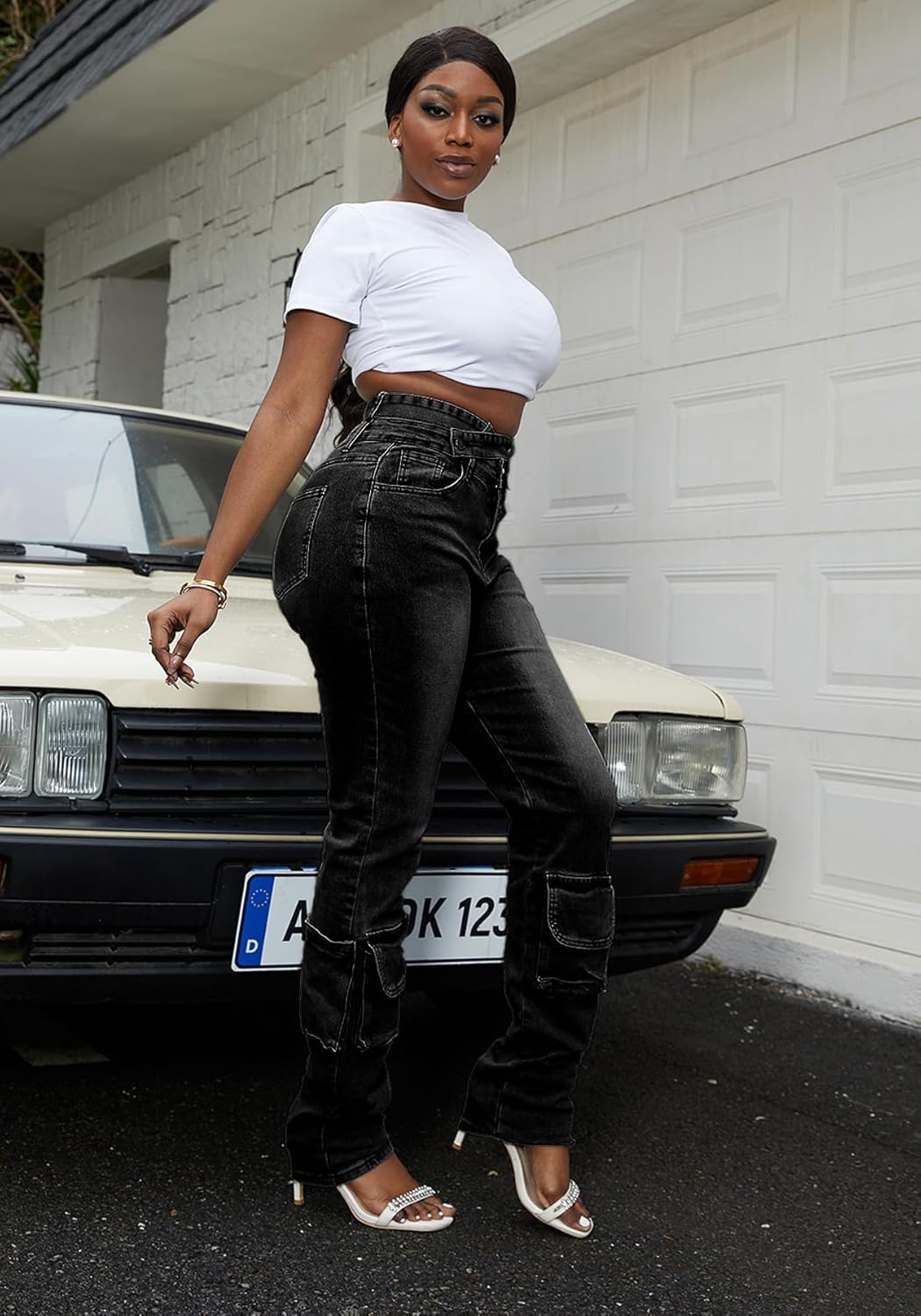 Vakkest Sexy High Waisted Skinny Jeans for Women Bodycon Crossover Stretchy Denim Cargo Pants Streetwear with Pockets - Image 4