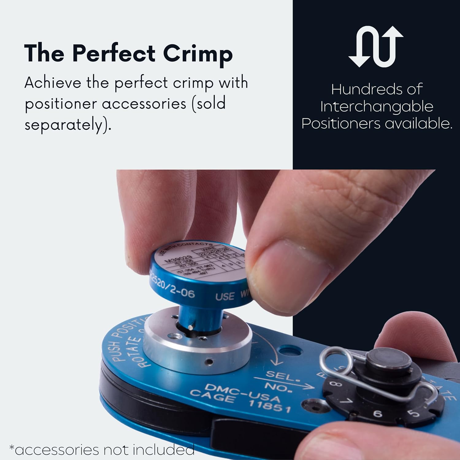 Hand installing a positioner into the DMC AFM8 Crimp Tool