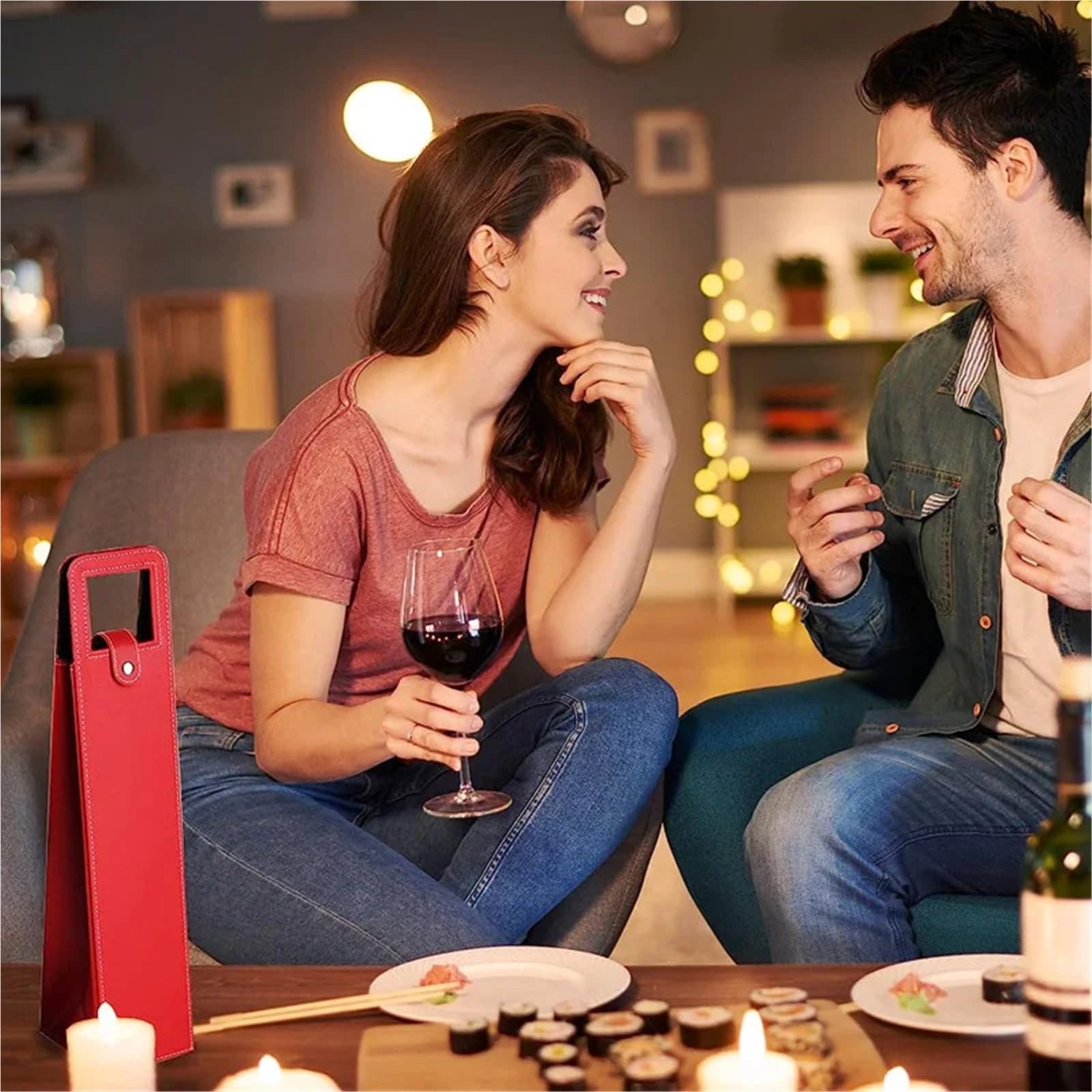 Flaschenträger für Wein, PU-Leder, Weinflaschen-Tragetasche mit Griff für Geschenk-Aufbewahrungsbox, Hochzeitsfeier, rot, Einheitsgröße, Ein Stil