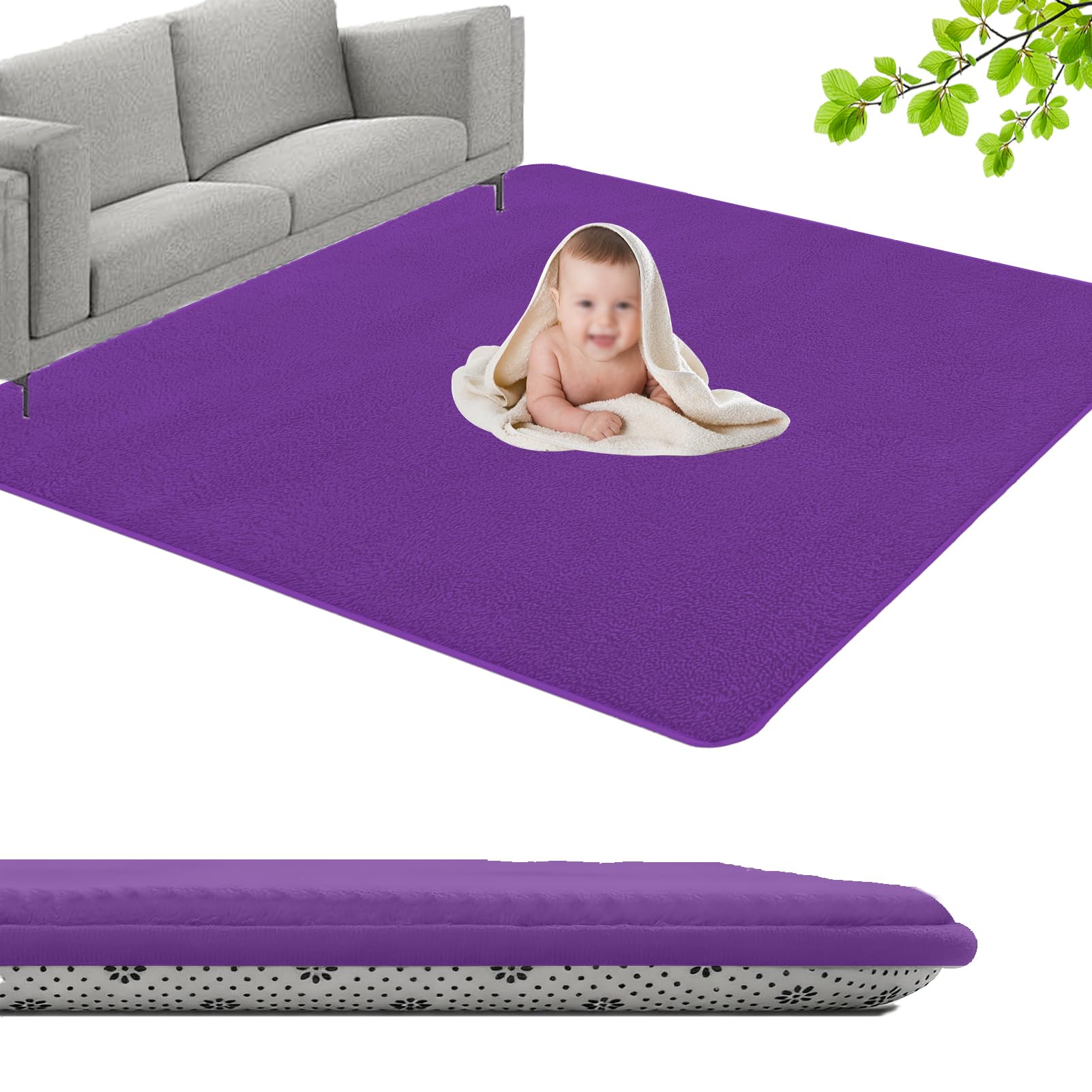 GmyoieqI Large Coral Velvet Baby Play Mat, 3CM Memory Foam Area Rug 150 x 150 cm Children's play mat Soft Play & Tummy Time, Playmat for Floor with Non-Slip Backing Crawling, Easy Care Rug Purple