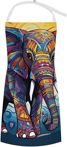 Personalized Colorful Elephant Adult Apron, Kitchen Cooking Aprons for Woman Man, Adjustable Bib Apron with Pocket for Baking, BBQ Crafting